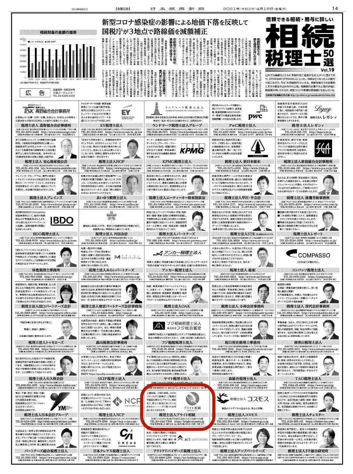 日本経済新聞「信頼できる相続・贈与に詳しい相続税理士50選」